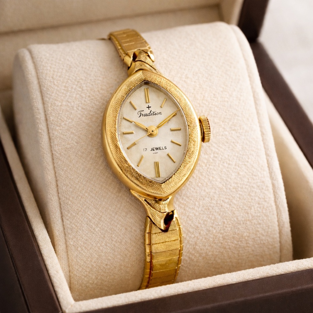 Vintage 1960s Tradition Swiss 14K Gold Watch 17 Jewels Hand-Wind Working Ladies